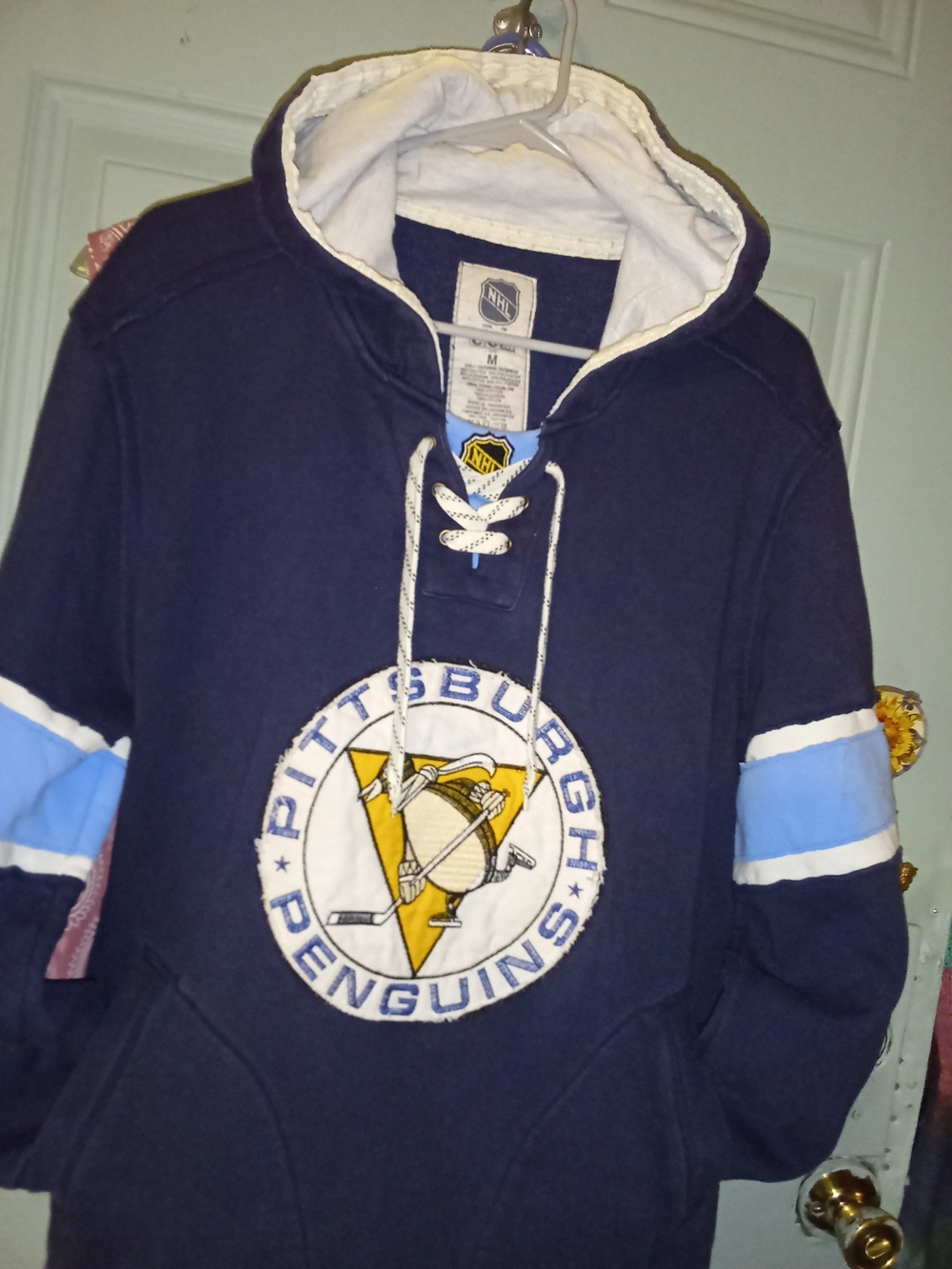 NHL Pittsburgh Penguins Navy Hoodie with Light Blue and White Stripes